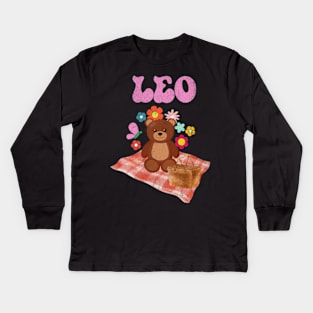 Vintage Leo Teddy Bear Zodiac Sign Astrology Cute July August Kids Long Sleeve T-Shirt